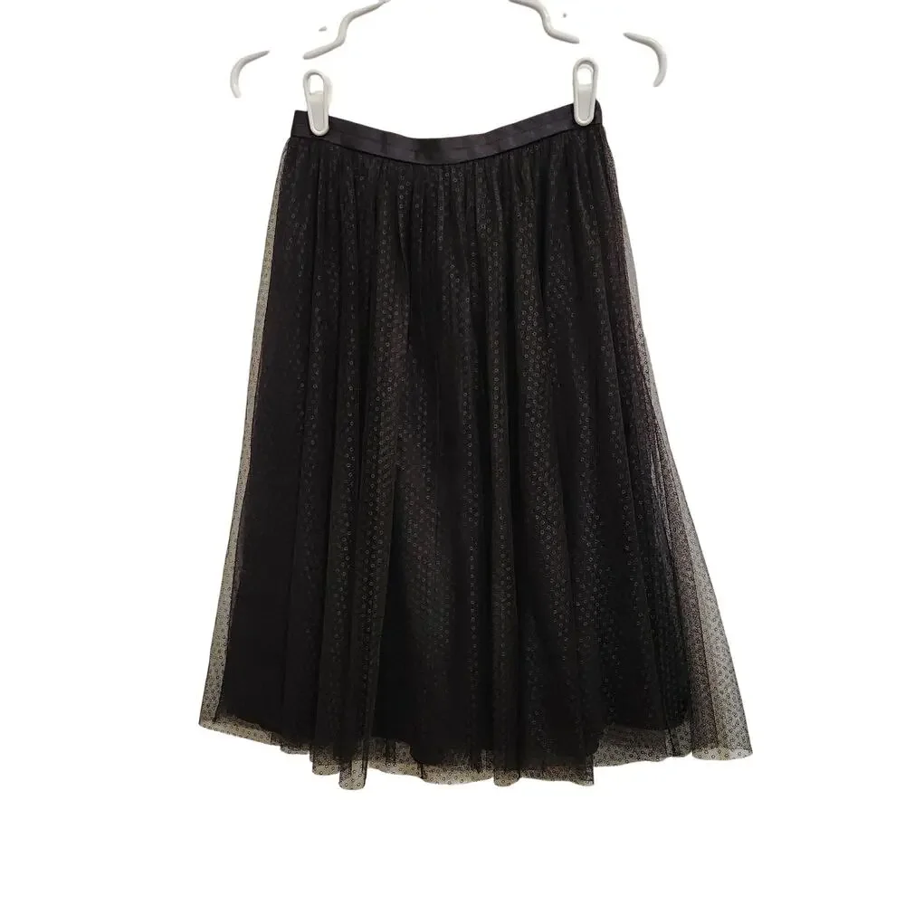 Needle & Thread Black Back Zip Below The Knee A-Line Dotted Tulle Midi Skirt 0